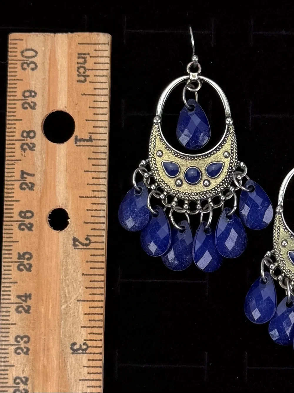 Bohemian chic Blue and Silvertone Chandelier pierced dangle Earrings